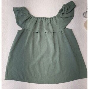 Nine West Blouse Womens Medium off Shoulder Olive Green Linen Blend